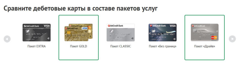 Любые дебетовые карты выпускаются в ЮниКредит Банке в составе пакетов услуг (например, Visa Gold - только для владельцев ПУ золотой)